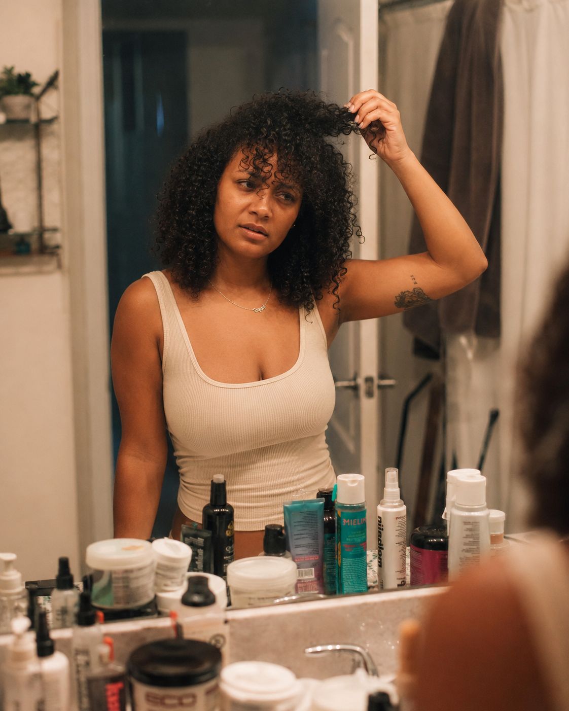 Woman examining her curls in a bathroom mirror surrounded by hair products
