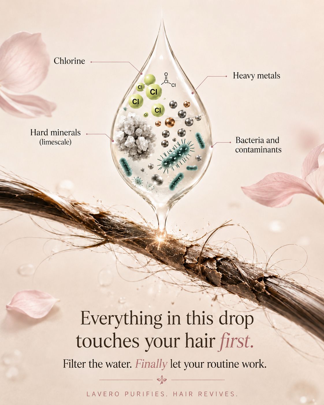Water contaminants including chlorine, heavy metals, hard minerals and bacteria that block hair products