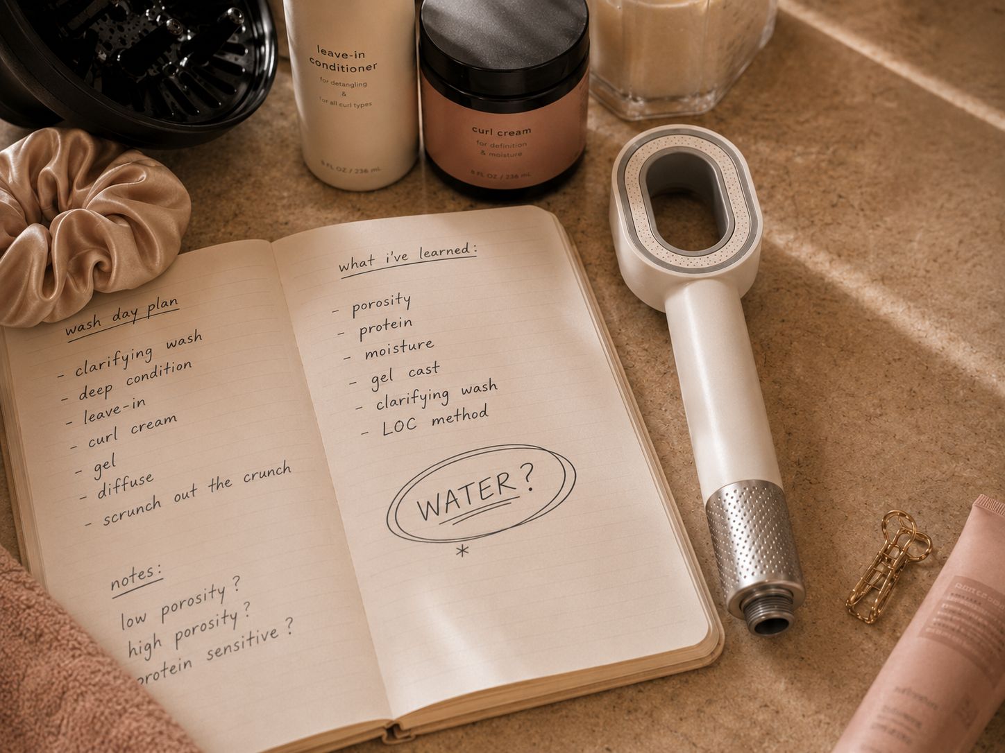 Notebook beside hair products and a Lavero shower filter with the word water circled on the page